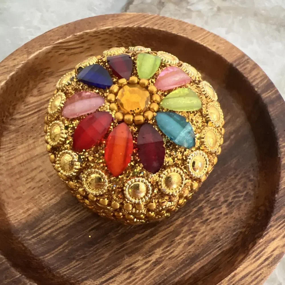 Vintage Palawan Philippines Wood Dish & Indian Jeweled Kumkum Ring Pill Box Lot